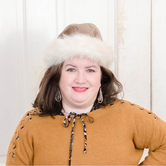 *3 for $20* PRICE DROP! Winter Hat, Golden Brown Velvet Cap, Ivory Faux Fur Trim - Picture 9 of 9
